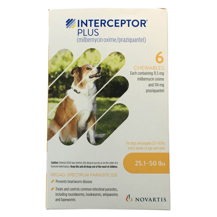 Rx Interceptor Plus 25.1-50 lbs, 11.5 mg x 6 Chew Tabs, Yellow
