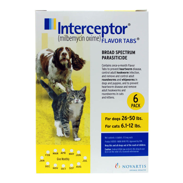 Interceptor Rx, 26-50 lbs Dog/6.1-12 lbs Cat, Yellow, 6 count
