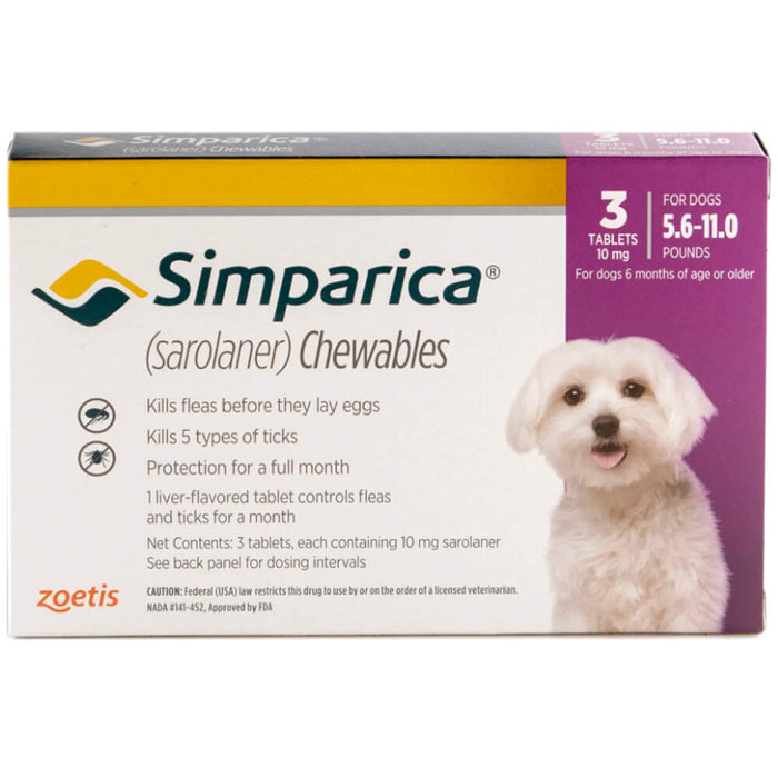 Rx Simparica 10mg for Dogs 5.6-11 lbs, 3 Chewable Tablets
