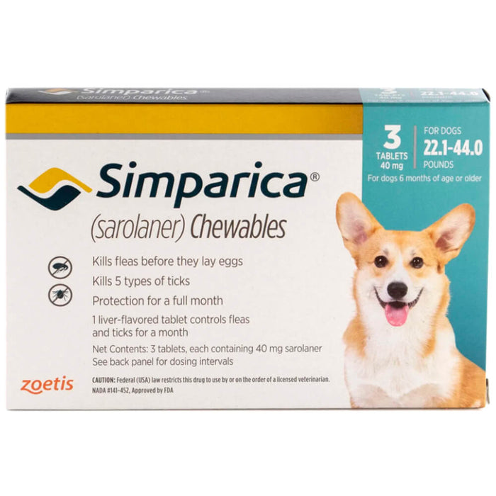 Rx Simparica 40mg for Dogs 22.1-44 lbs, 3 Chewable Tablets