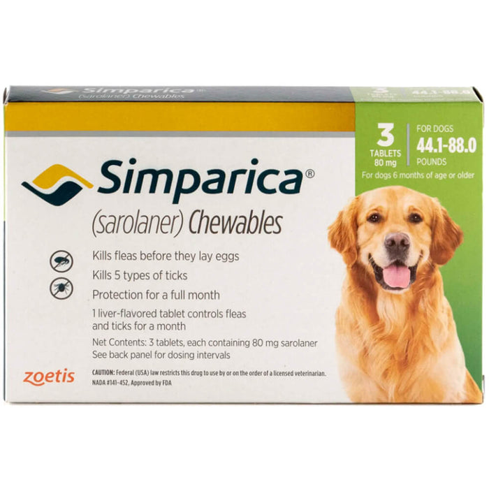 Rx Simparica 80mg for Dogs 44.1-88 lbs, 3 Chewable Tablets