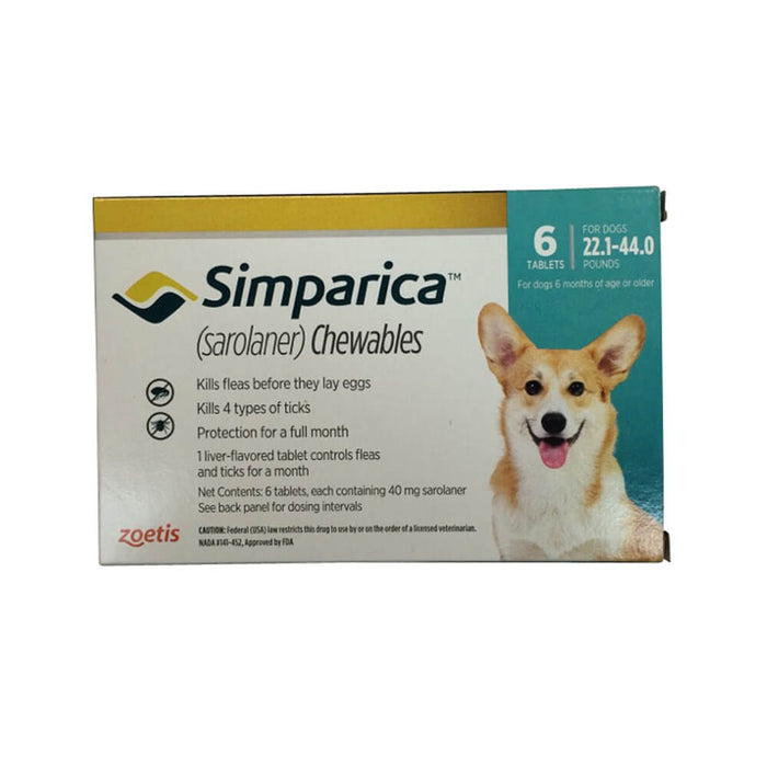 Rx Simparica 40mg for Dogs 22.1-44 lbs, 6 Chewable Tablets
