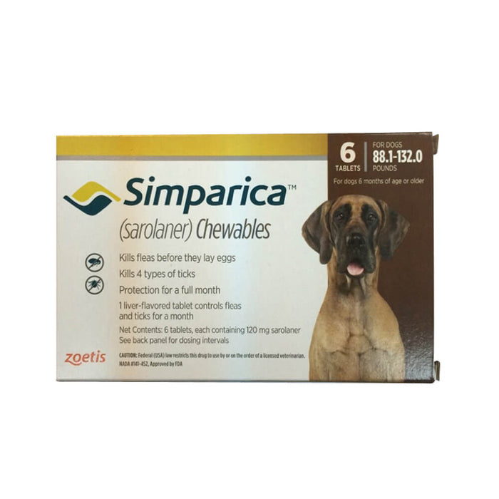 Rx Simparica 120mg for Dogs 88.1-132 lbs, 6 Chewable Tablets